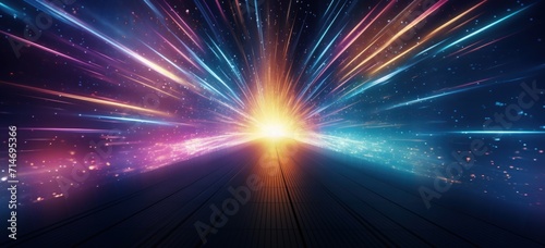 Colorful vibrant lighting speed streaks gathering horizon background. AI generated image photo