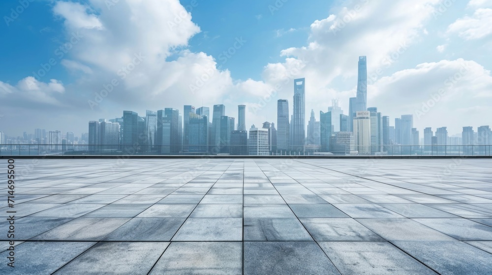 Empty square floor and city skyline with building background . Business construction wall