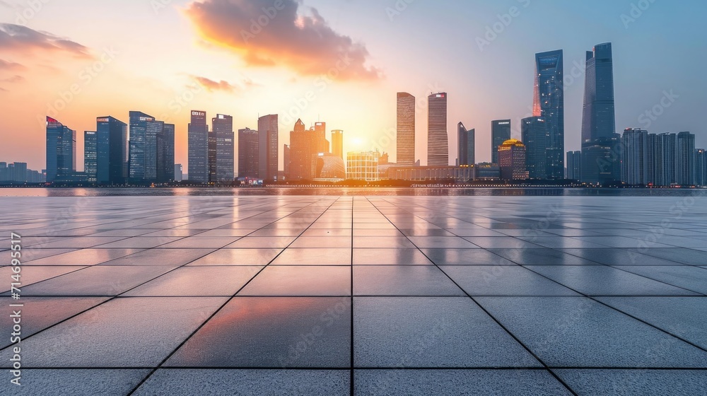 Office building on sunset. Empty square floor and city skyline with building background Office building on sunset. Empty square floor and city skyline with building background