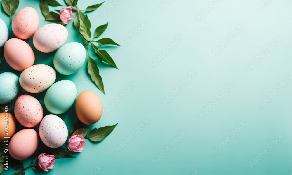 Festive Easter Eggs and Leaves on Light Blue Background, Flat Lay. Space for Text . Easter holiday Festive Easter Eggs and Leaves on Light Blue Background, Flat Lay. Space for Text . Easter holiday