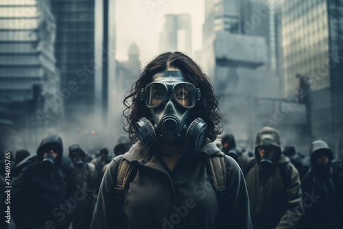 people in gas mask with pollution