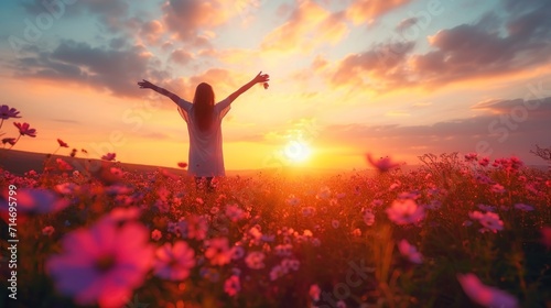 Young woman standing in a field of daisies at sunset. photo