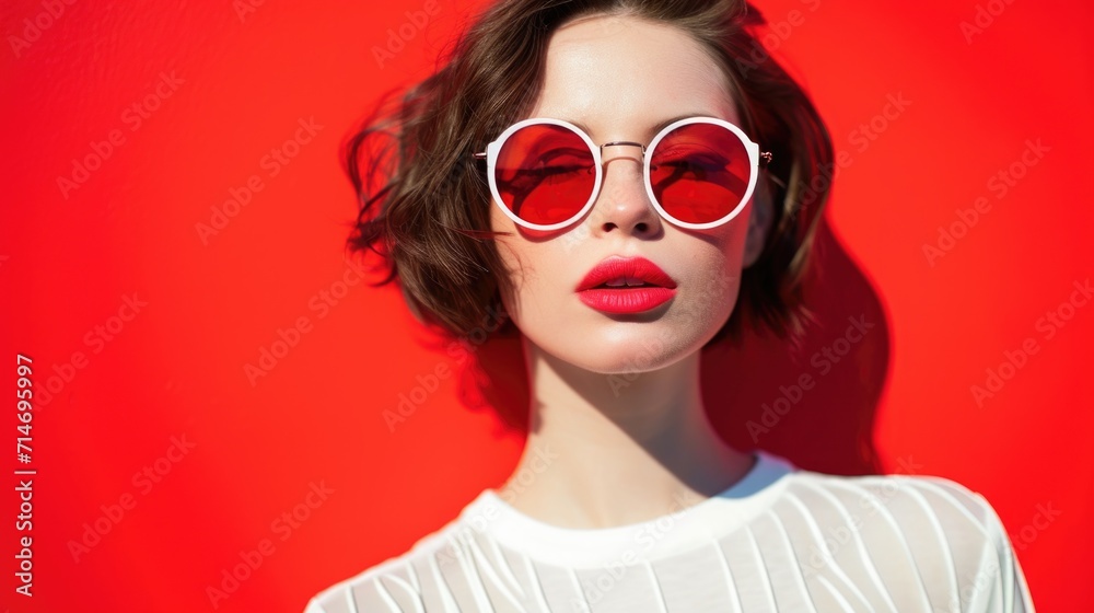 Young french fashion woman on sunglasses with red lips 