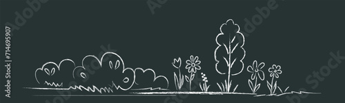 landscape, tree, flower - doodle drawings are drawn by child's hand in chalk on the asphalt or on the school blackboard. White lines on black background