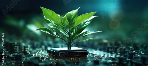 Illustration modern green plant growing on a computer circuit board. AI generated image photo