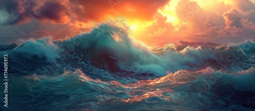 Blue ocean wave at sunset