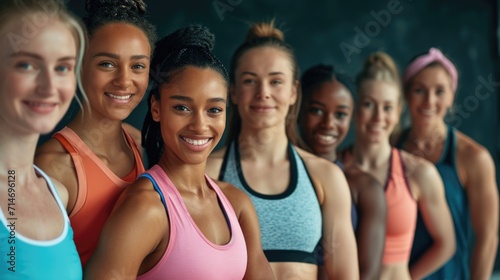 Female athletes smiling at the camera as they stand together in a studio, wearing fitness clothing. Group of young sports women expressing their love for sport, exercise and a health lifestyle. 