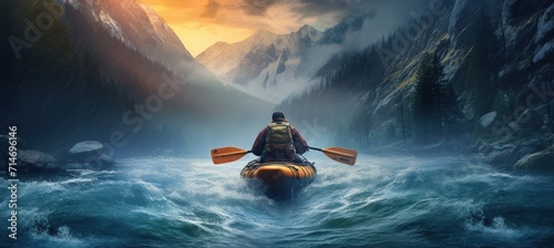Leinwand Poster A man with a whitewater kayak goes down a fast flowing river from the mountains