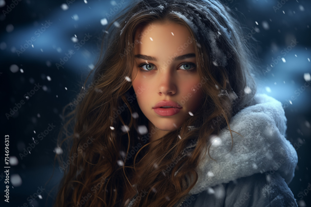 Portrait of a beautiful brunette woman in winter clothes with blue eyes, rosy cheeks, plump lips and snow in her hair. Portrait of a beautiful brunette woman in winter clothes with blue eyes, rosy cheeks, plump lips and snow in her hair.