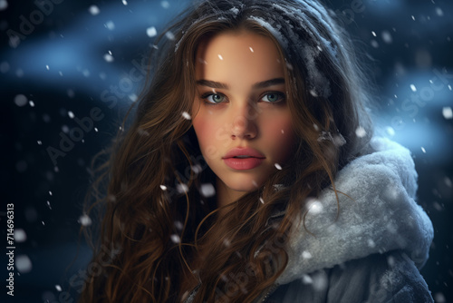Portrait of a beautiful brunette woman in winter clothes with blue eyes, rosy cheeks, plump lips and snow in her hair.