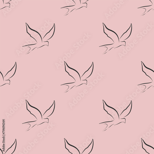 Swallow bird seamless pattern. Black silhouette on a pastel pink background. Silhouette of swallows. Black contours of a flying bird. Flying swallows. Vector illustration