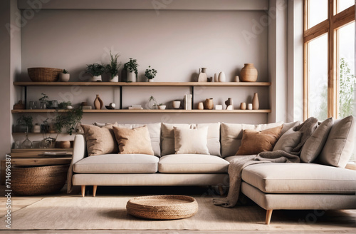 Corner sofa against shelving unit, scandinavian home interior design of modern living room in attic in farmhouse 