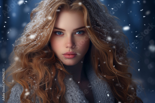 Portrait of a beautiful woman in a winter coat with blue eyes  rosy cheeks and snow in her hair.