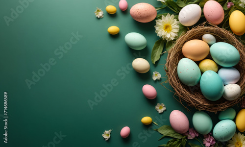 Festive Easter Eggs and Leaves on Light Green Background, Flat Lay. Space for Text . Easter holiday