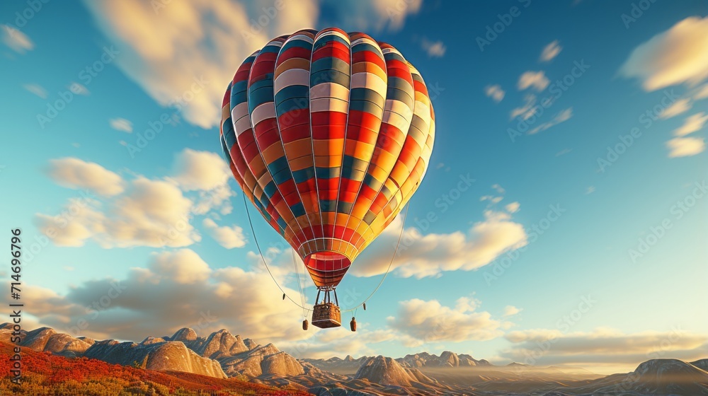 Obraz premium Cinematic scene, low angle shot, hot air balloon in clear skies