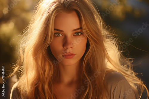 Portrait of a beautiful young blonde woman with green eyes glowing in the sun with wind blowing through her hair.