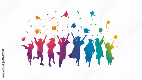 copy space  vector illustration  Happy graduates in graduation caps. Cheerful people  colored silhouette. high school graduation. Colorful silhouette of graduates in caps. Beautiful colored background