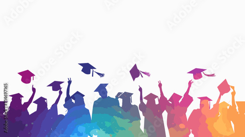 copy space, vector illustration, Happy graduates in graduation caps. Cheerful people, colored silhouette. high school graduation. Colorful silhouette of graduates in caps. Beautiful colored background