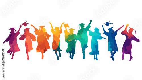 copy space, vector illustration, Happy graduates in graduation caps. Cheerful people, colored silhouette. high school graduation. Colorful silhouette of graduates in caps. Beautiful colored background photo
