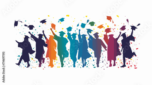 copy space, vector illustration, Happy graduates in graduation caps. Cheerful people, colored silhouette. high school graduation. Colorful silhouette of graduates in caps. Beautiful colored background