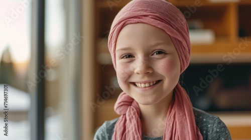 Little cancer patient. Smiling girl after chemotherapy treatment at hospital oncology department. Leukemia cancer recovery. Cancer survivor. Smiling bald cute girl with a pink headscarf  photo