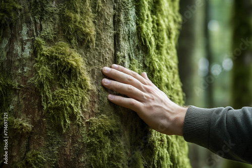 Hand touching of fresh moss on tree trunk in the wild forest. Forest ecology. Wild nature, wild life © khozainuz