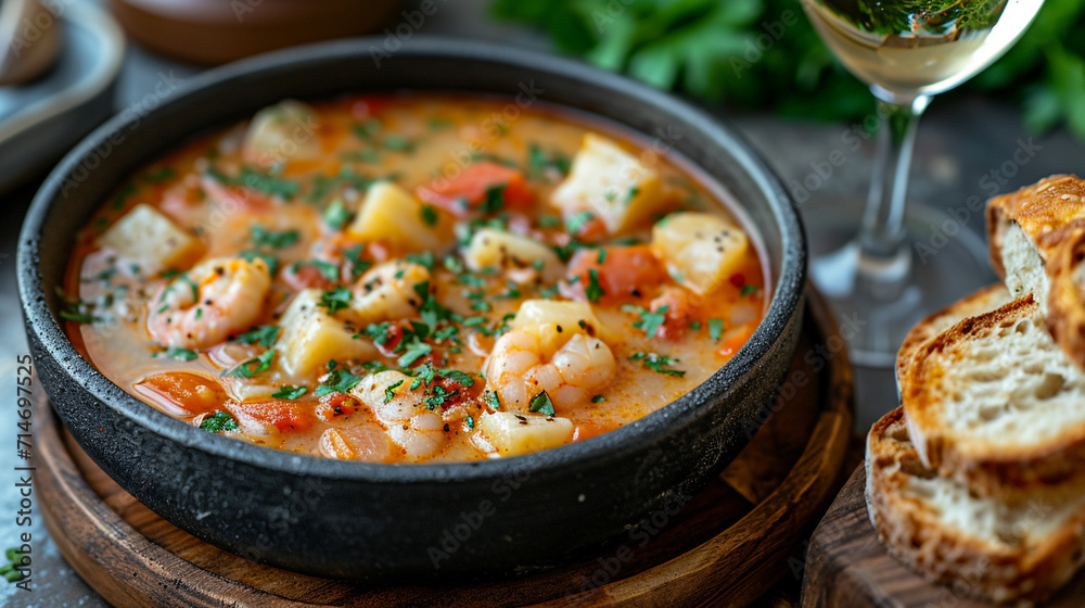 On the table is a plate of bouillabaisse soup, French cuisine, a classic of culinary art. Rustic, homemade food. On the table is a plate of bouillabaisse soup, French cuisine, a classic of culinary art. Rustic, homemade food.