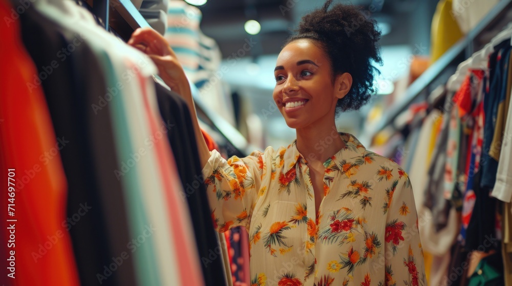 Happy woman stands in a fashion store, carefully choosing fashion year clothing items to buy. She browses through racks of stylish clothes, examining each one closely before making a decision.