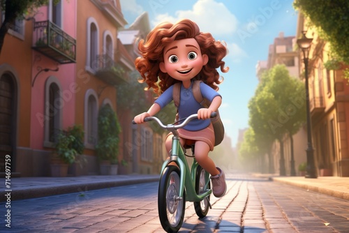 A cartoon like girl gracefully riding a bike