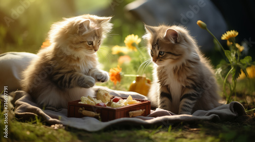 A couple of cats are having a picnic.