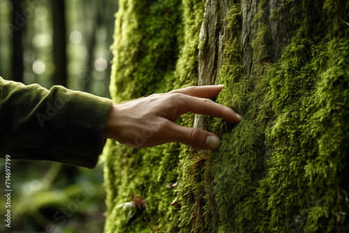 Hand touching of fresh moss on tree trunk in the wild forest. Forest ecology. Wild nature, wild life © khozainuz