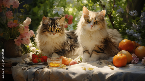 A couple of cats are having a picnic.