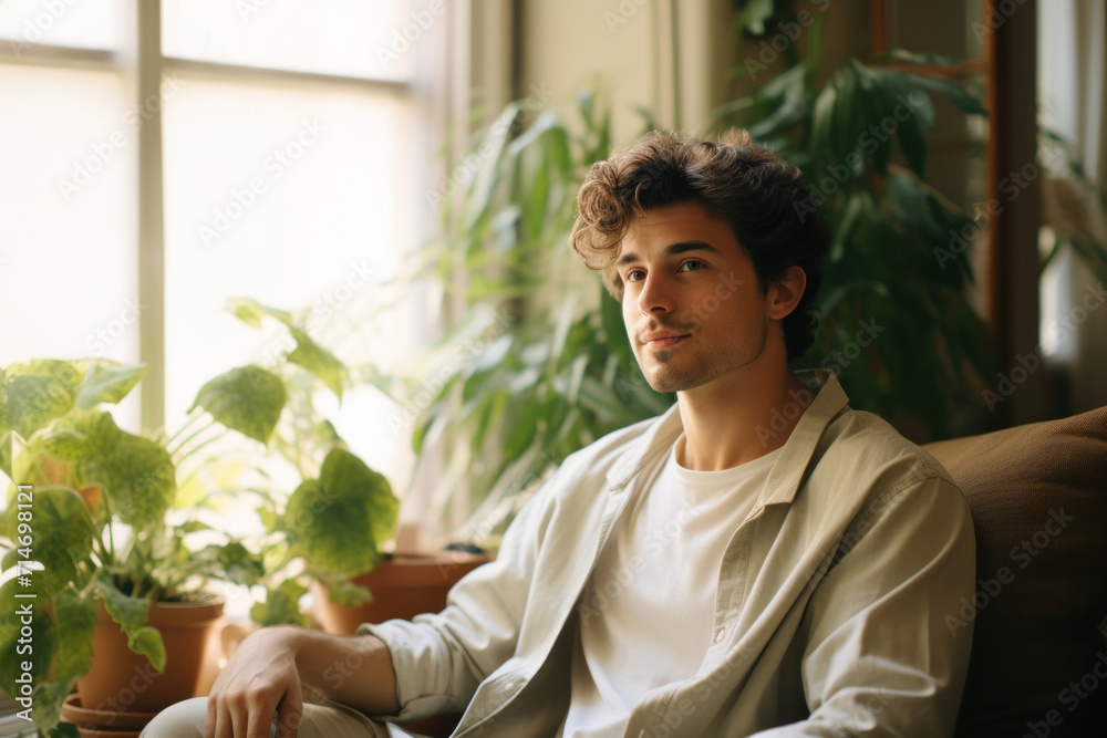 Portrait of an attractive young man with curly hair, exuding positivity and style on a couch. Portrait of an attractive young man with curly hair, exuding positivity and style on a couch.