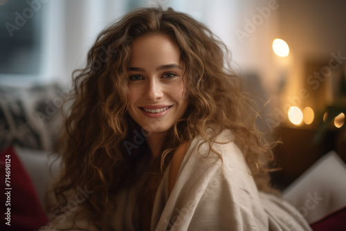 In a sensual portrait, a young woman with alluring curls smiles, exuding beauty and joy. © Iryna