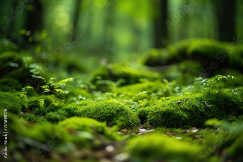 The lush green moss covers the forest floor, creating a prosperous and peaceful natural environment.