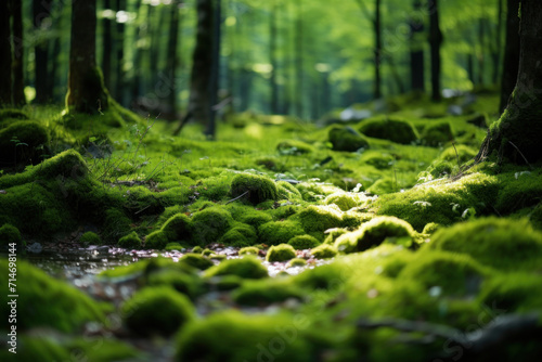 A peaceful and magical forest landscape with moss-covered floor, towering trees, and scenic beauty.
