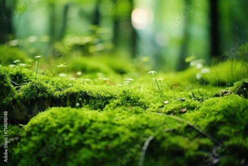 A picturesque forest floor scenery with wet moss, greenery, and intricate textures, creating a vibrant natural environment.
