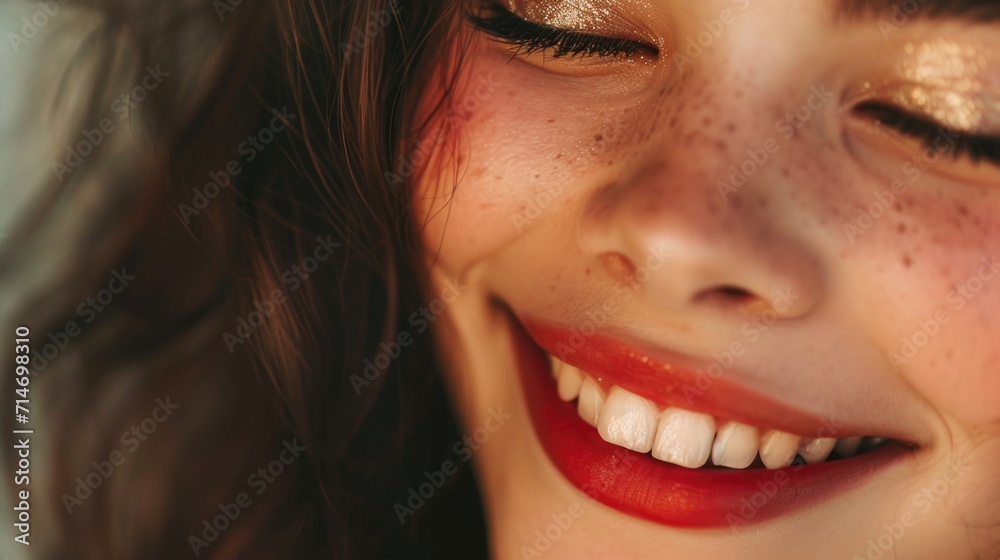 Girl model with Golden makeup . Cosmetics,giggling, matte lipstick, gold eyeshadow, black eyeliner copy space