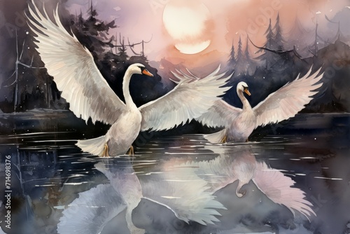 Graceful moonlit swans, gliding across shimmering lakes with elegance and poise - Generative AI photo
