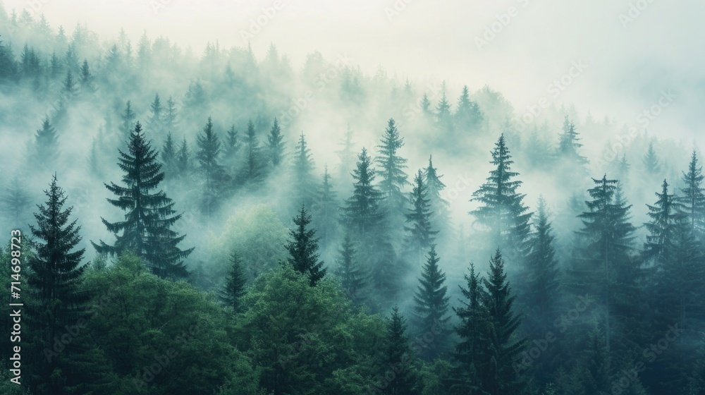 Misty foggy mountain landscape with fir forest and copy space in vintage retro hipster style