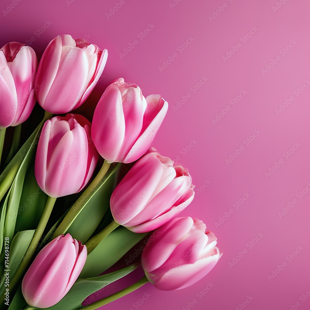 pink tulips on a bright pink background. spring bouquet of flowers with place for text. template for card, banner. pink tulips on a bright pink background. spring bouquet of flowers with place for text. template for card, banner.
