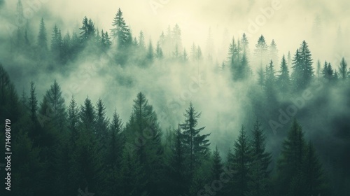 Morning misty landscape with fir forest in hipster vintage retro style