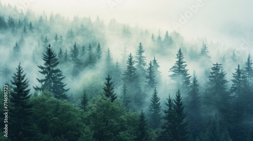 Misty foggy mountain landscape with fir forest and copy space in vintage retro hipster style © Hope