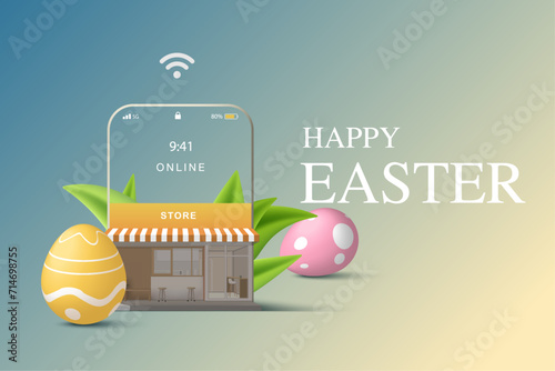 Celebration easter shopping online concept. Easter eggs with smartphone.