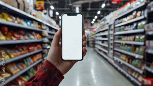 Mobile phone white screen in hand inside super market