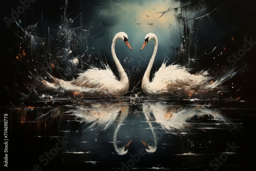 Graceful moonlit swans  gliding across shimmering lakes with elegance and poise - Generative AI