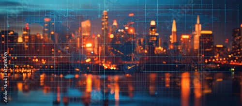 Concept of global trading represented by abstract world map interface with San Francisco skyline as backdrop  featuring multiexposure.
