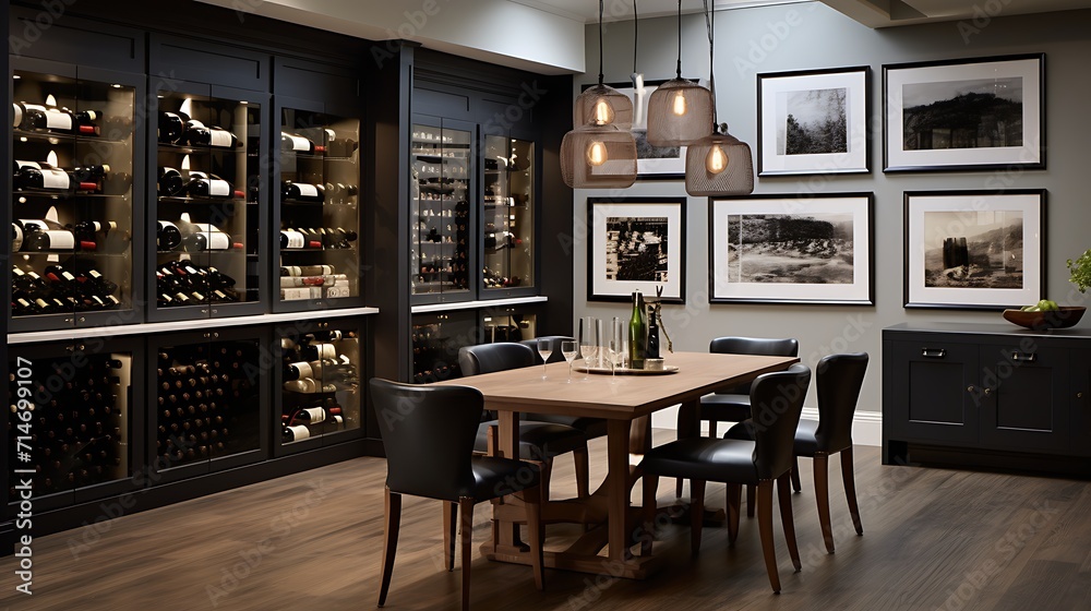 A dining room with a built-in bar or wine storage.