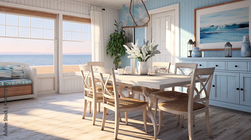 A dining room with a beach or coastal theme.