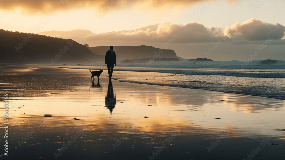 A twilight beach scene reveals a mysterious gray cat and its owner walking along the shoreline, their silhouettes mirrored in the wet sand as the waves gently caress the shore. The